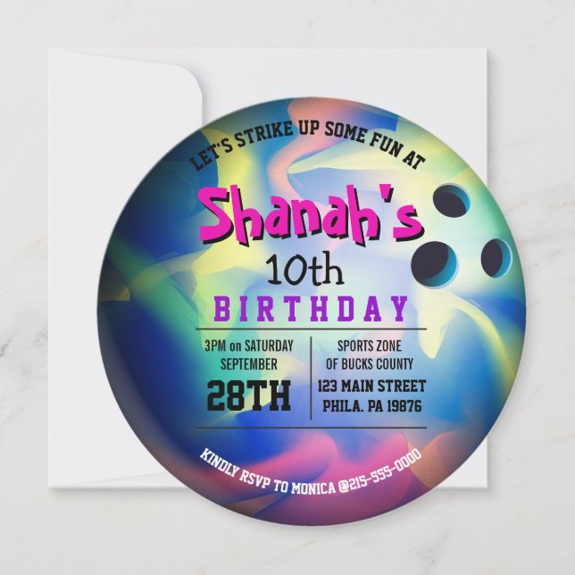 Invitation NEON BOWLING BALL ROUND Anniversaire Fête Invitati (Devant)