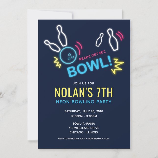Invitation Neon Bowling fête d'anniversaire (Devant)