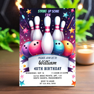 Invitation Neon Boy Kids Team Event Bowling 40e anniversaire