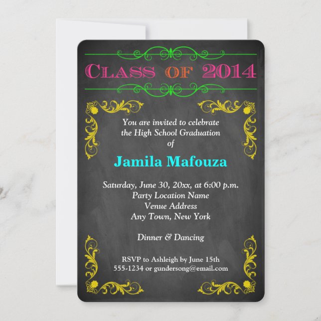 Invitation Neon Chalkboard Classe de 2014 PHOTO Graduation (Devant)