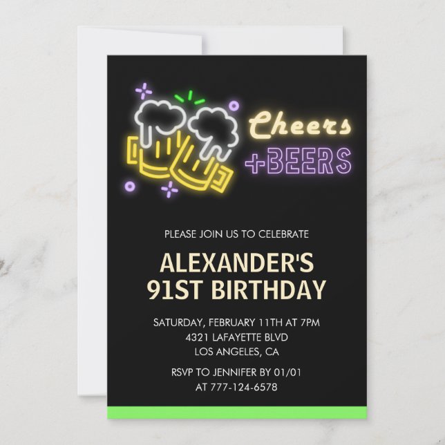 Invitation Neon Cheers Beer Chalkboard 91e anniversaire (Devant)