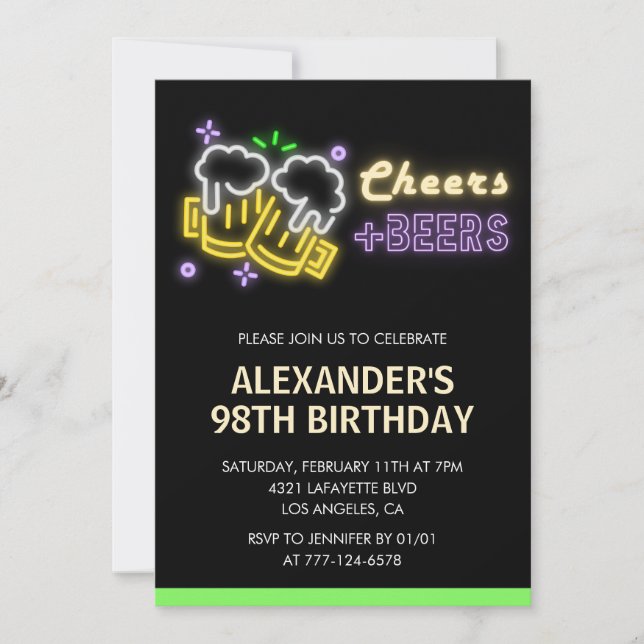 Invitation Neon Cheers Beer Chalkboard 98e anniversaire (Devant)