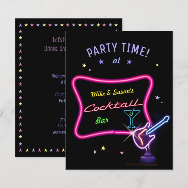 Invitation Neon Cocktail Party (personnalisable) (Devant / Derrière)
