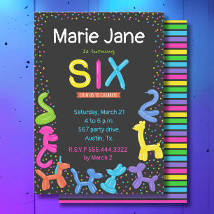 Invitation Neon colore ballons d'animaux 6e anniversaire