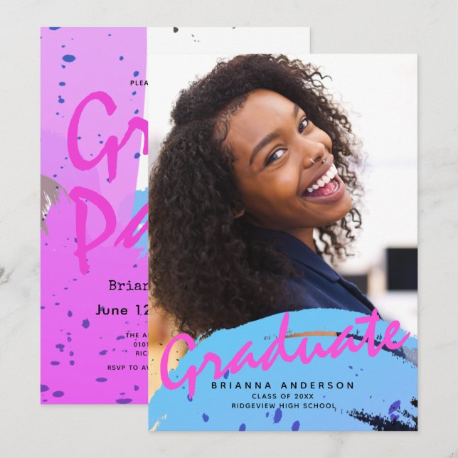 Invitation Neon Colours Brush Strokes Photo Graduation Party (Devant / Derrière)