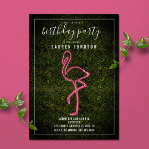 Invitation Neon Flamant rose Boxwood fête d'anniversaire
