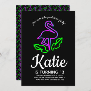 Invitation Neon Flamant rose Glow Party Ado tropical