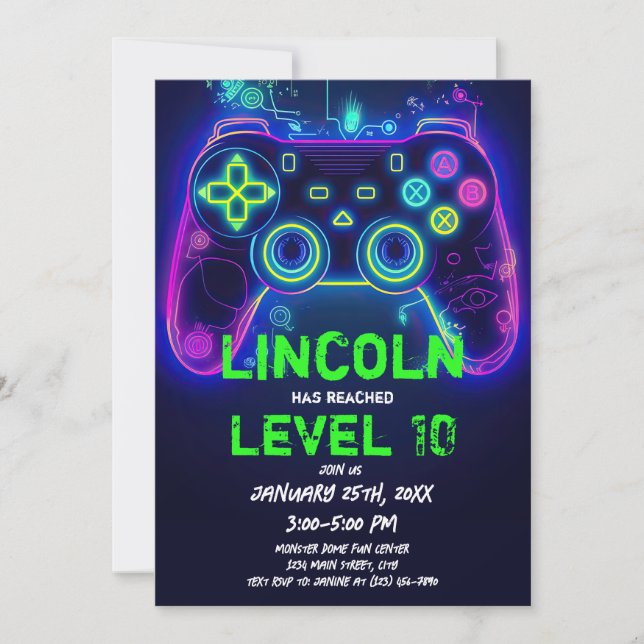 Invitation Neon Gamer Arcade Video Game Level Up Anniversaire (Devant)