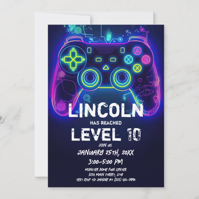 Invitation Neon Gamer Arcade Video Game Level Up Anniversaire (Devant)