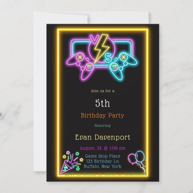 Invitation Neon Gaming fête d'anniversaire (Devant)