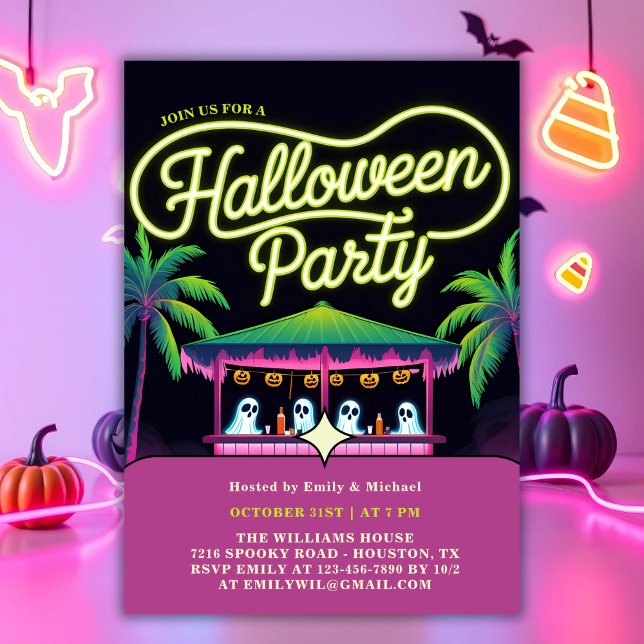 Invitation Neon Ghosts Palm Trees Tropical Halloween Party (Neon Tropical Halloween Party Invitation with Ghosts & Palm Trees)
