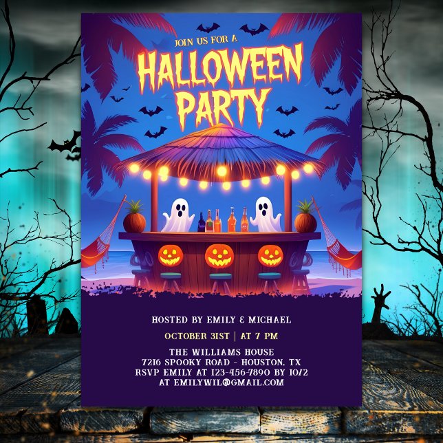 Invitation Neon Ghosts & Pumkins Tropical Bar Soirée Hallowee (Neon Ghosts & Pumkins Tropical Bar Halloween Party Invitation)