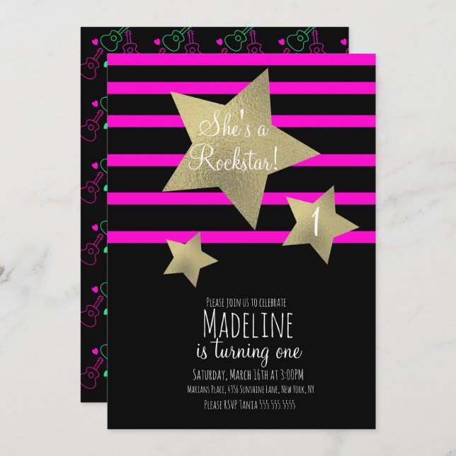 Invitation Neon Girl Rockstar Guitar Faux Gold Star Anniversa (Devant / Derrière)