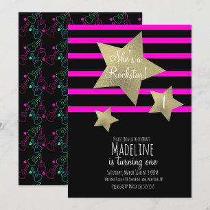 Invitation Neon Girl Rockstar Guitar Faux Gold Star Anniversa
