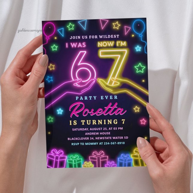 Invitation Neon Glow 7th Birthday | I Was 6 Now I Am 7 Viral  (Neon Glow 7th Birthday | I Was 6 Now I Am 7 Viral Invitation)