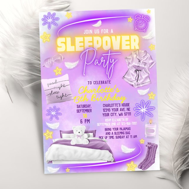 Invitation Neon Glow Ado Tween Girls Stwood Sleep Sleepover P (Créateur téléchargé)