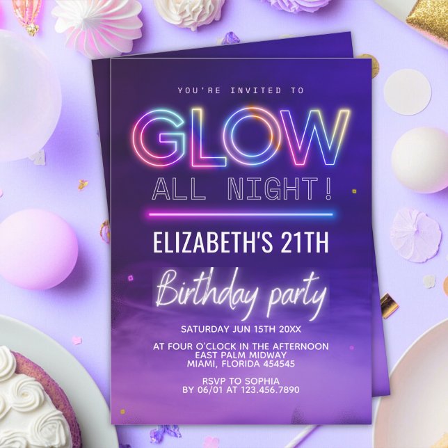 Invitation Neon Glow Birthday Party – Glow All Night Theme (Créateur téléchargé)