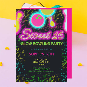 Invitation Neon Glow Bowling Party Girly mignonne Sassy Sweet
