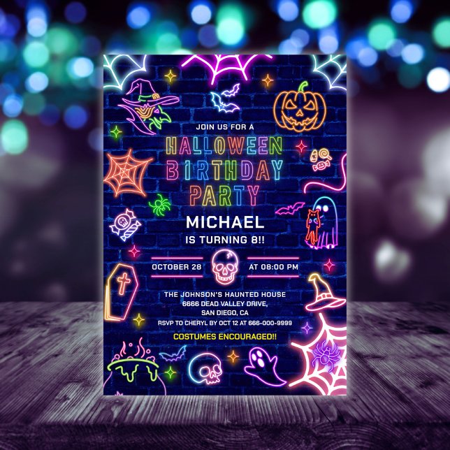 Invitation Neon Glow Dans La Fête D'Anniversaire D'Halloween  (Neon Glow in the dark halloween birthday party invitation)