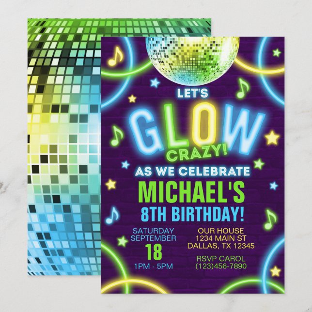 Invitation Neon Glow dans l'obscurité fête d'anniversaire Inv (Devant / Derrière)