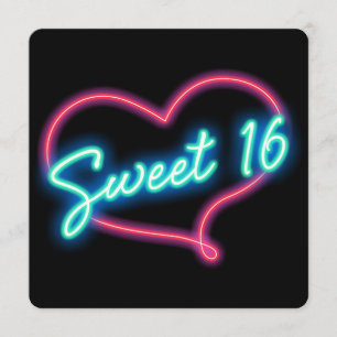 Invitation Neon Glow Heart SWEET 16 Anniversaire Fête Invitat