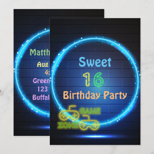 Invitation Neon Glow Jeu Sweet sixteen fête d'anniversaire