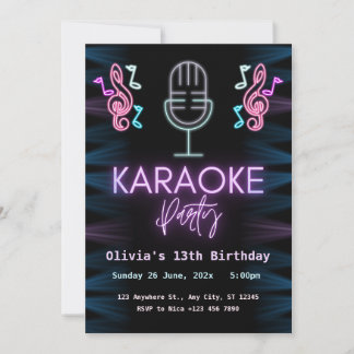 Invitation Neon Glow Karaoke fête d'anniversaire