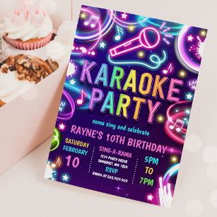 Invitation Neon Glow Karaoke Singing Music Birthday Party 