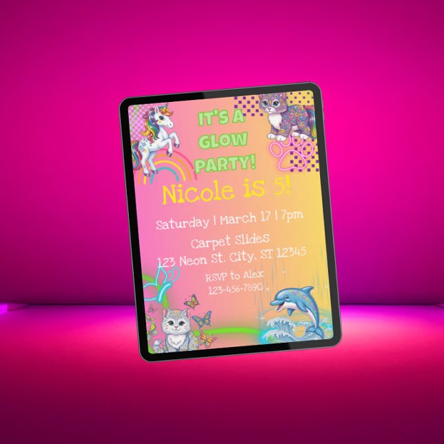 Invitation Neon Glow mignonne Animal Fête d'anniversaire fill (Créateur téléchargé)