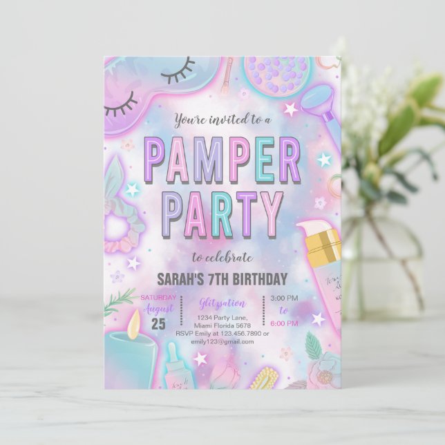 Invitation Neon Glow Pamper fête Spa Anniversaire (Debout devant)