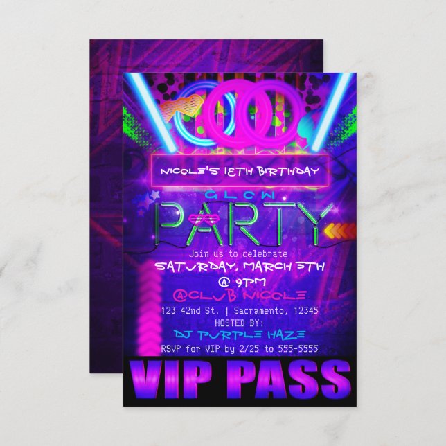 Invitation Neon Glow Party Anniversaire VIP PASS Club Invitat (Devant / Derrière)