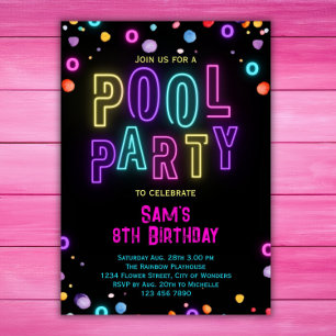 Invitation Neon Glow Pool Filles Pink Purple Anniversaire