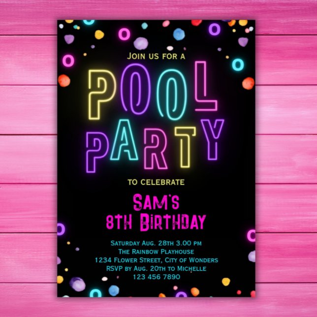 Invitation Neon Glow Pool Filles Pink Purple Anniversaire (Créateur téléchargé)