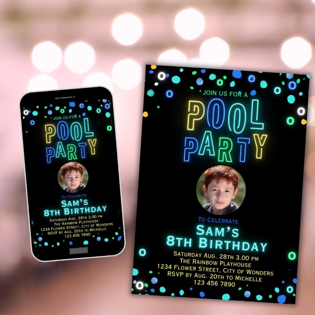 Invitation Neon Glow Pool Party Boys Photo Anniversaire Party (Créateur téléchargé)