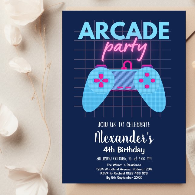 Invitation Neon Glow Retro Arcade Jeu Anniversaire (Créateur téléchargé)