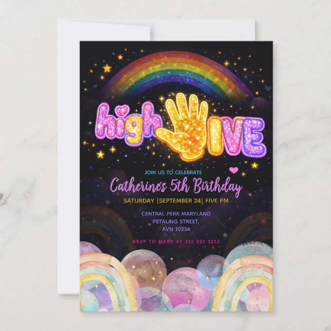 Invitation Neon Glow Sparkle High Five Birthday Party (Devant)
