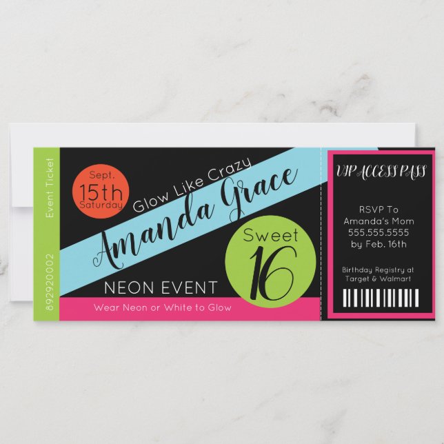 Invitation Neon Glow Ticket Sweet sixteen Anniversaire VIP (Devant)