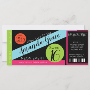 Invitation Neon Glow Ticket Sweet sixteen Anniversaire VIP