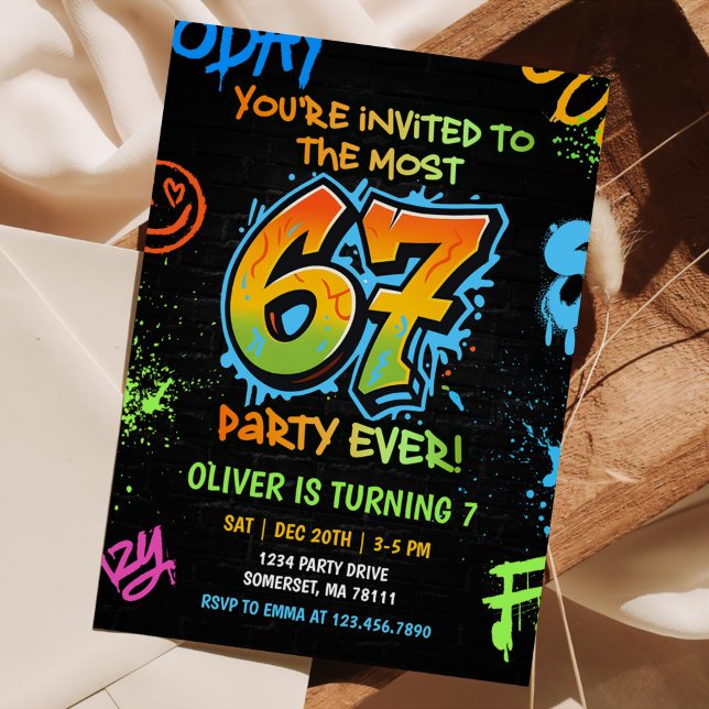 Invitation Neon Graffiti Six Seven Kids 7th Birthday Party (Créateur téléchargé)