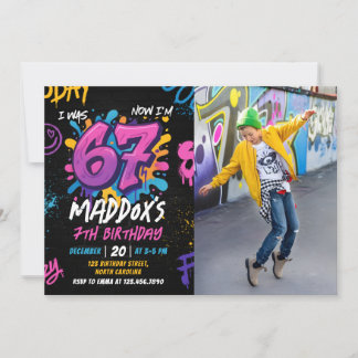 Invitation Neon Graffiti Six Seven Kids 7th Birthday Photo