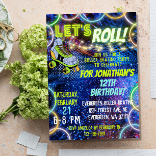 Invitation Neon Green Blue Boy Lets Roller Roller Roller Skat