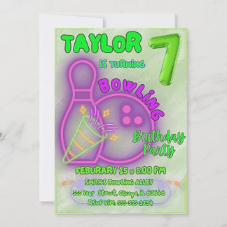 Invitation Neon Green et Purple Kids Bowling Anniversaire
