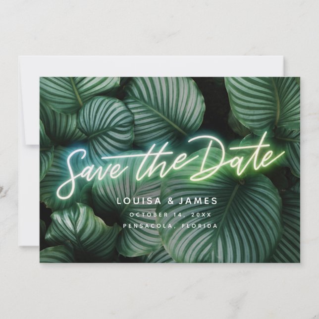 Invitation Neon Greenery Modern Tropical Enregistrer la date (Devant)