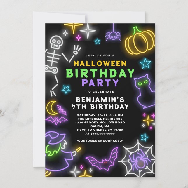 Invitation Neon Halloween Boys 7e Anniversaire Costume Party (Devant)