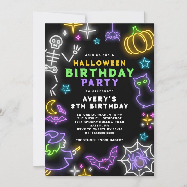 Invitation Neon Halloween Boys 8e Anniversaire Costume Party (Devant)