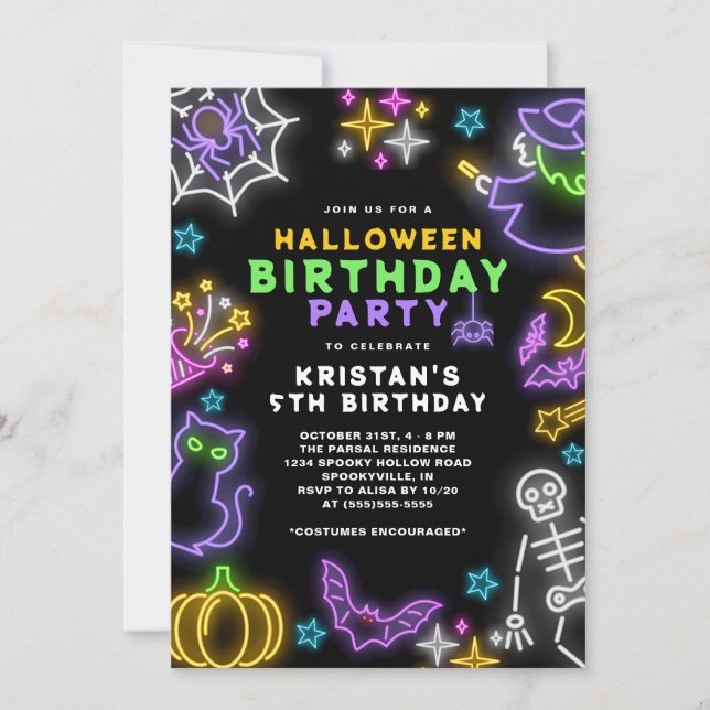 Invitation Neon Halloween Girls 5e Anniversaire Costume Party (Devant)