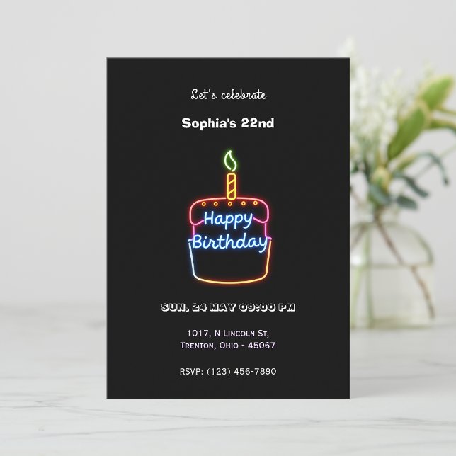 Invitation Neon Happy Birthday Cake Design - Amusant et animé (Créateur téléchargé)