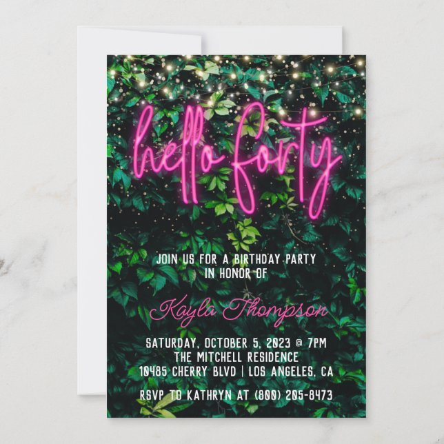 Invitation Neon Hello Quarante-dixième anniversaire Invitatio (Dos)