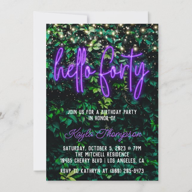 Invitation Neon Hello Quarante-dixième anniversaire Invitatio (Dos)