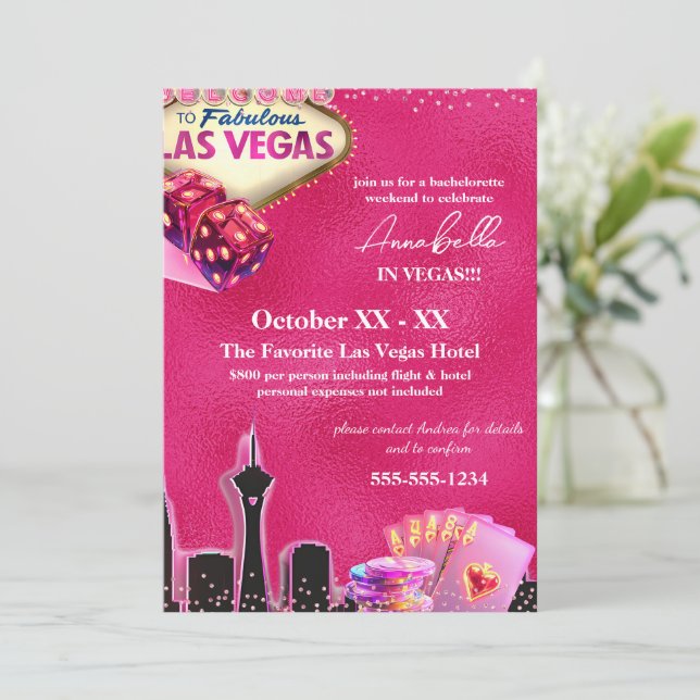Invitation Neon Hot Pink Las Vegas Skyline (Debout devant)